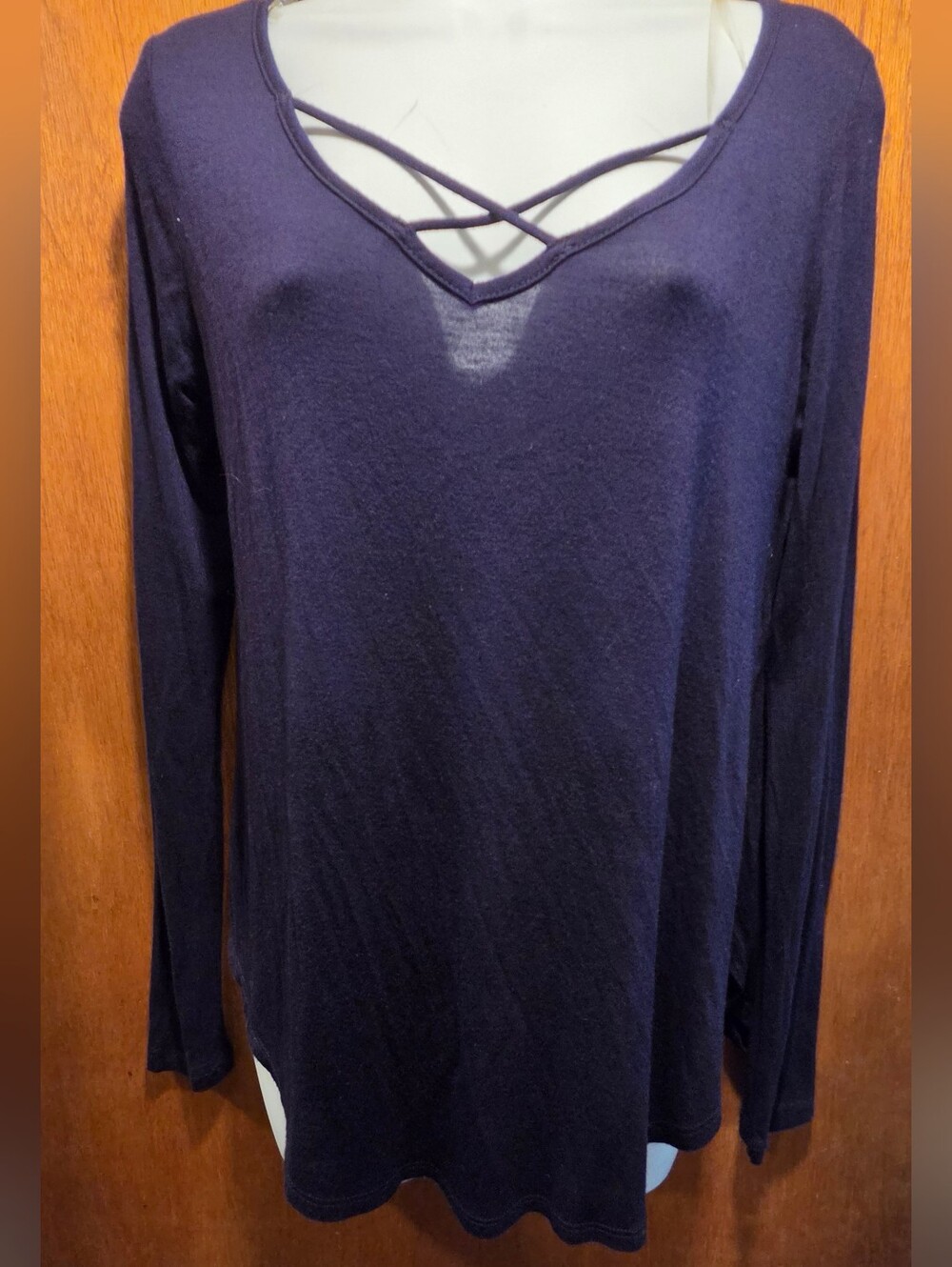 Bozzolo Navy Crisscross Neck Long Sleeve Tee SzM - Picture 2 of 8